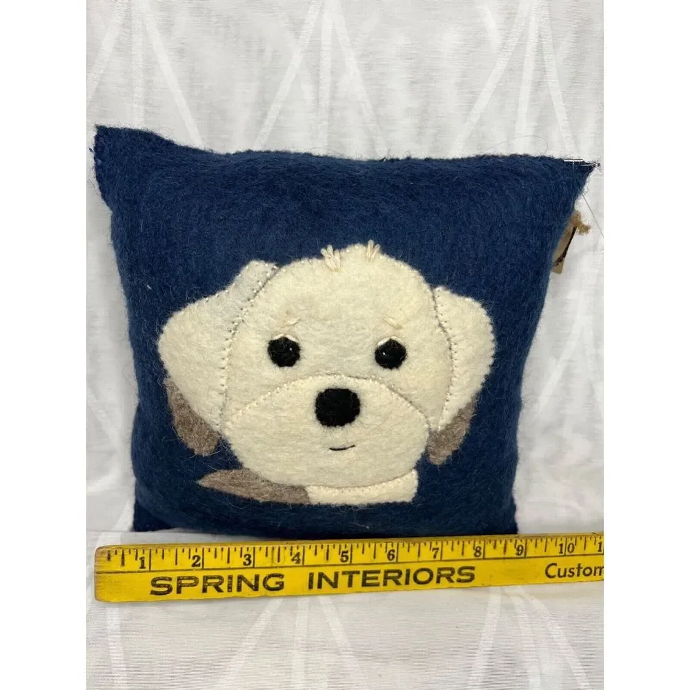 Blue White Decorative Puppy Doggy Pillow 100% Wool